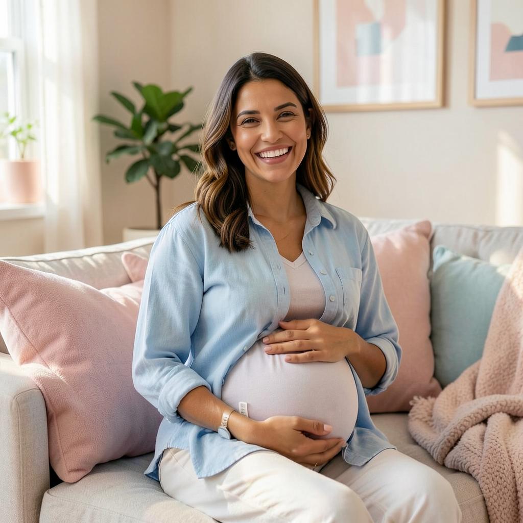 Gestante sorrindo sentada no sofá de casa